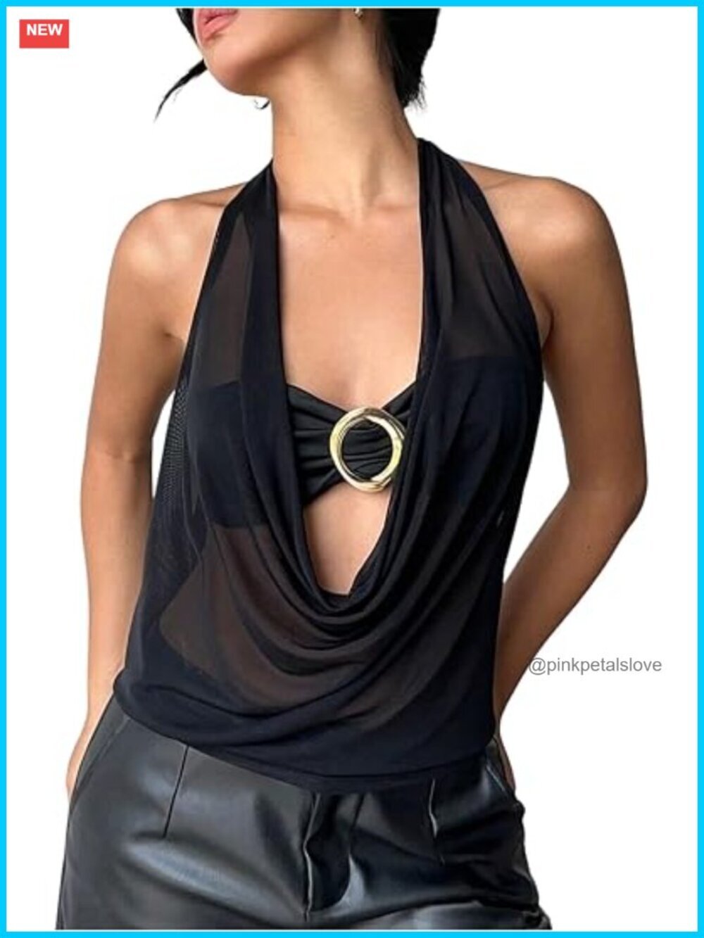 Women's Sexy Draped Cowl Neck Halter Top Sleeveless Mesh Clubwear